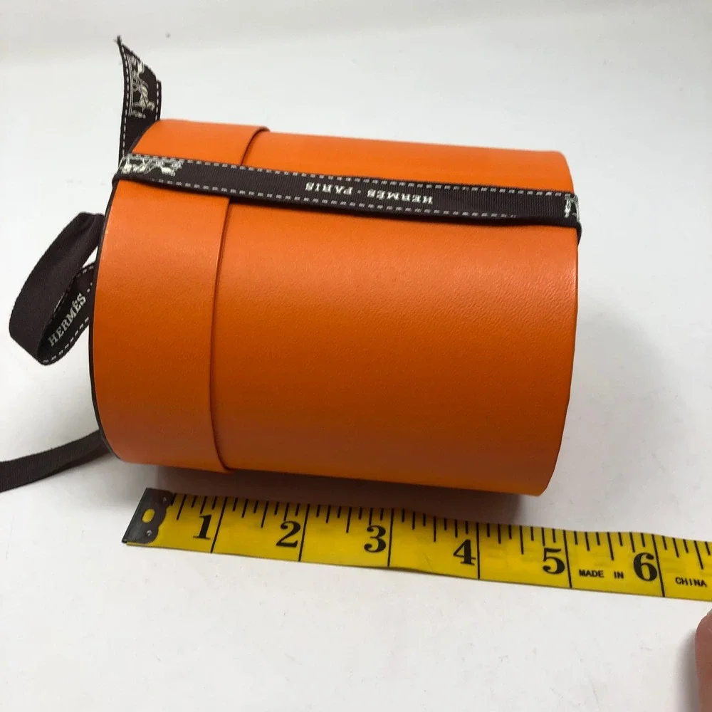 Hermes Round Accessory Gift Box‎ Small Orange Cylindrical Bolduc Ribbon 5in